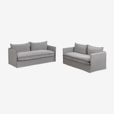 Conjunto De Sala Com Sofá De 2 Lugares E Sofás De 3 Lugares Em Linho E Algodão Grace Tecido Cinzento Escuro - Sklum