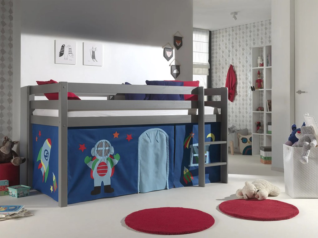 Conjunto Cama alta de Criança PINO 90 x 200 cm + estrado + escada + cortina Astronauta Cinzenta
