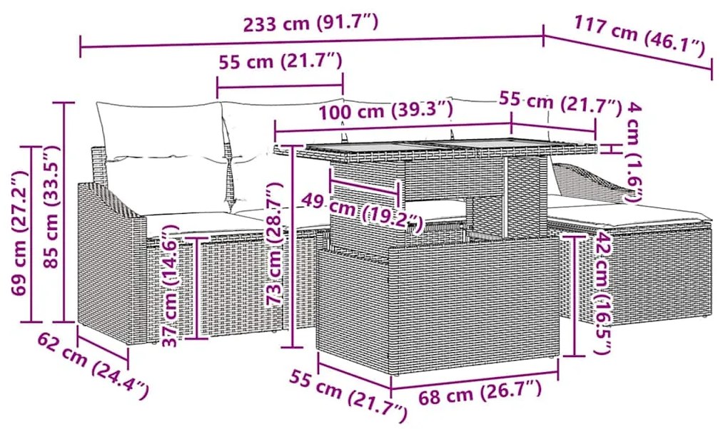 Conjunto de Jantar de Jardim com 6 Peças e Almofadas Bege em Rattan Si