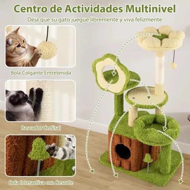 Arranhador para gatos, bosque com tronco, plataforma floral acolchoada, arranhador de sisal e brinquedos verde e castanho