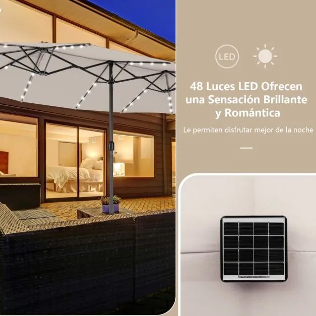 Guarda-sol Jardim dupla face de 470 cm com 48 luzes LED Painel solar de carregamento automático Sistema de manivela Bege