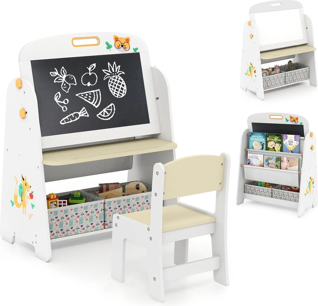 Conjunto de mesa e cadeira para crianças com quadro branco magnético e Quadro de giz Branco e natural