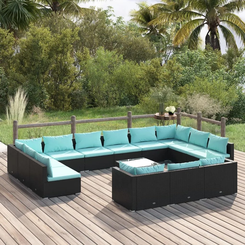 vidaXL 14 pcs conjunto lounge de jardim c/ almofadões vime PE preto