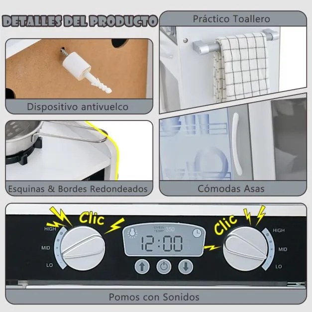 Cozinha de Brincar para crianças em madeira com acessórios simulados e sons para crianças dos 3 aos 6 anos 82 x 24 x 80 cm Branco