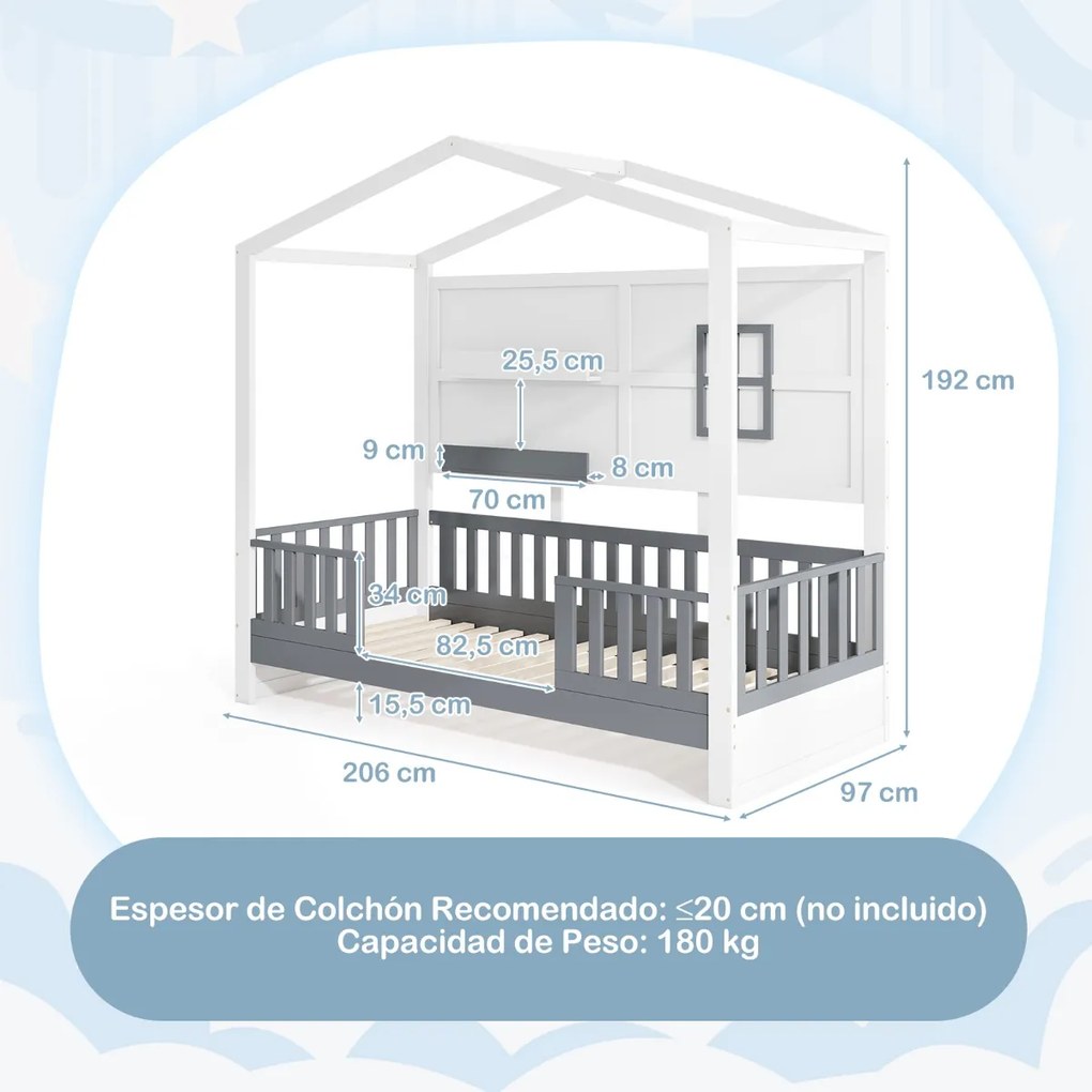 Estrutura cama de criança com prateleiras Grades para janelas e vedação Ripas de madeira 206 x 97 x 192 cm Branco e cinzento