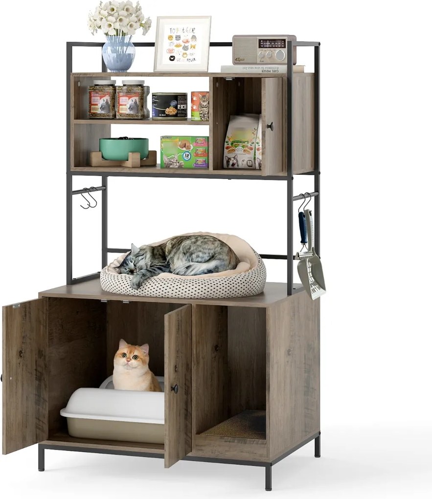 Móvel para caixa areia de gatos 78 x 51 x 137 cm com prateleiras (CAIXA AREIA E ALMOFADA NÃO INCLUIDOS), ganchos e prancheta para arranhar Castanho.