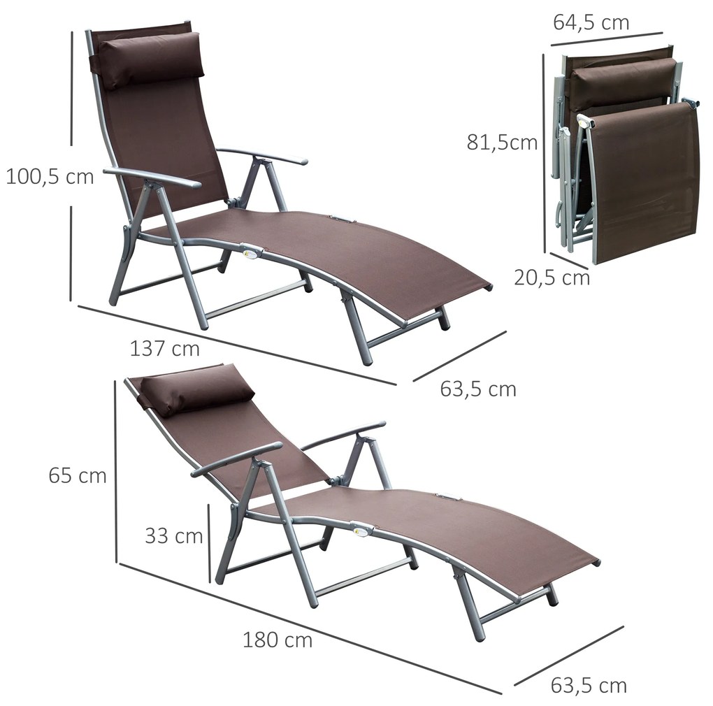 Outsunny Espreguiçadeira Dobrável de Jardim com Encosto Ajustável em 7 Posições Apoio para a Cabeça para Terraço Piscina Exterior Carga Máxima 165kg 137x63,5x100,5cm Marrom