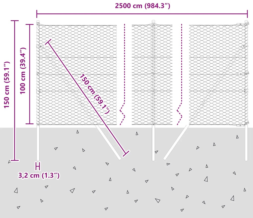 Cerca Hexagonal com 13 Postes Cinza 1x25 m Aço Galvanizado
