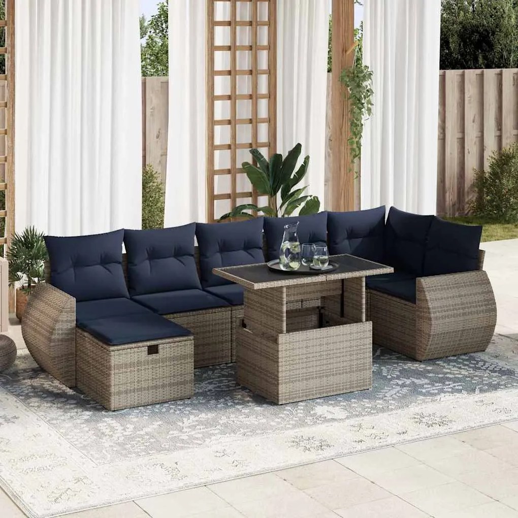 8 pcs conj. sofás jardim c/ almofadões vime PE/acácia castanho