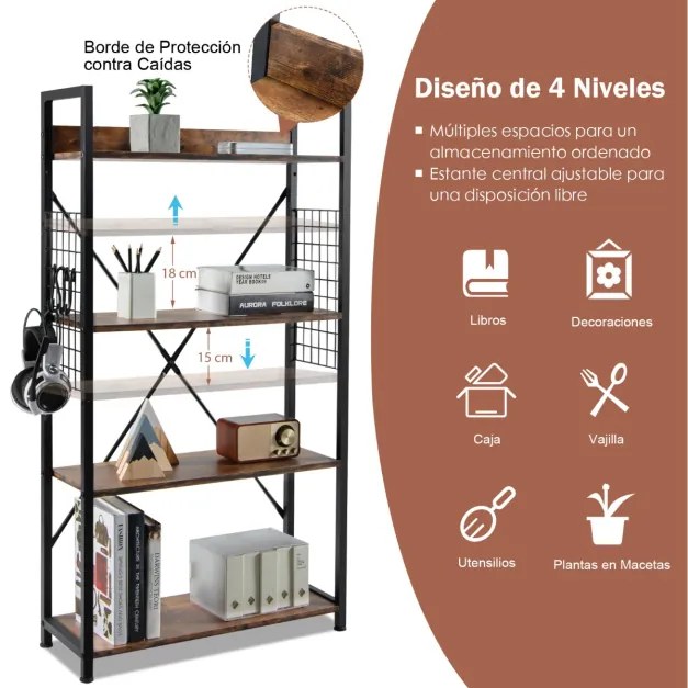 Estante industrial de 4 níveis com ganchos, pés ajustáveis e Estante de exposição ajustável para sala de estar 64 x 24 x 110 cm Castanho