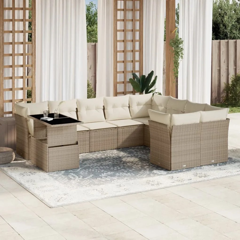 vidaXL 10 pcs conjunto de sofás p/ jardim com almofadões vime PE bege