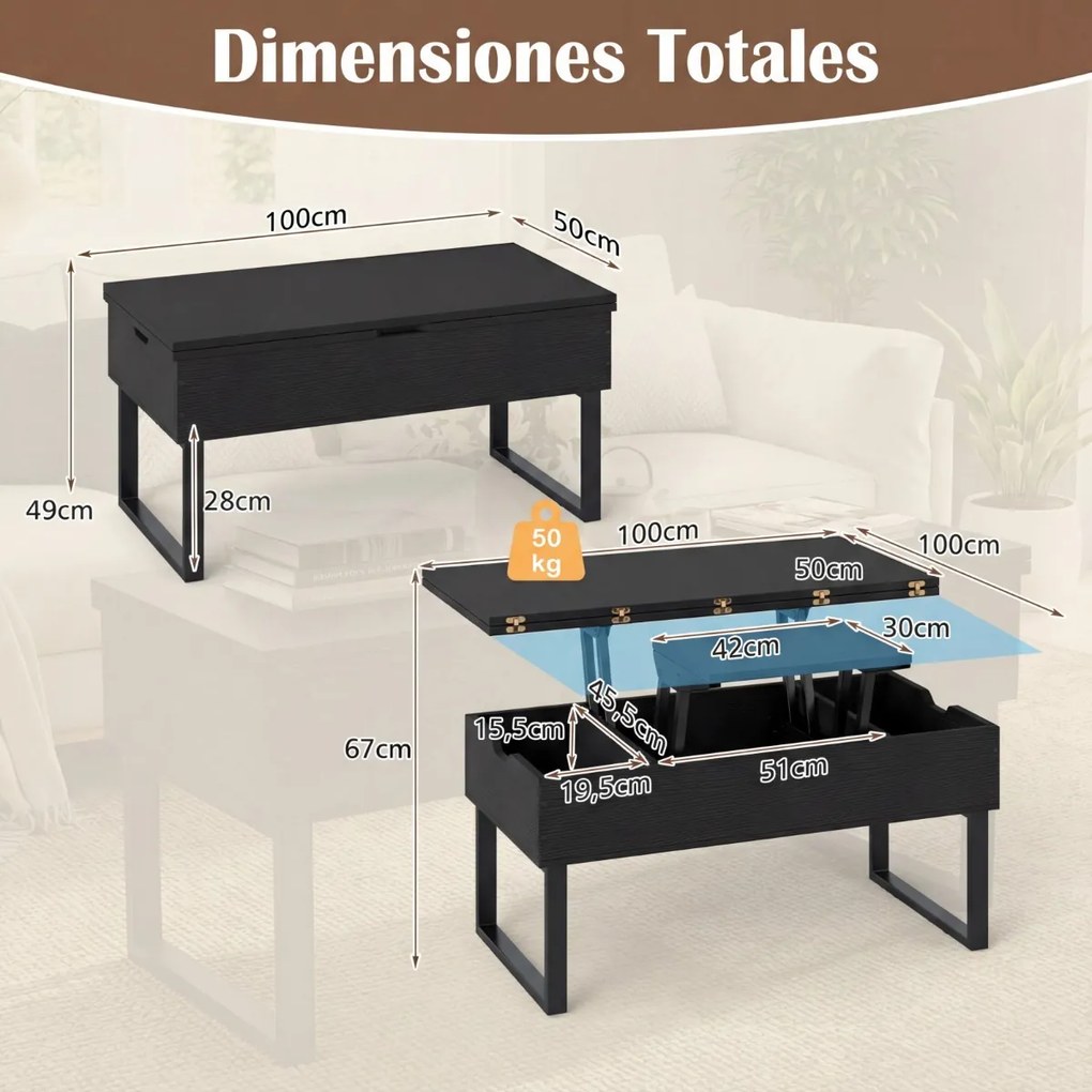 Mesa de centro conversível 3 em 1 com tampo elevável 100 x 50 x 49 cm e 3 compartimentos ocultos de madeira para sala de estar Preta