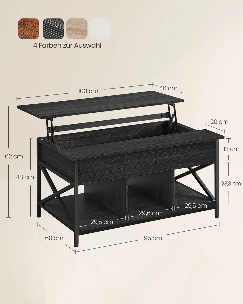 Mesa de centro ajustável em altura para sala de estar 60 x 100 x (48-62) cinzento antracite e preto