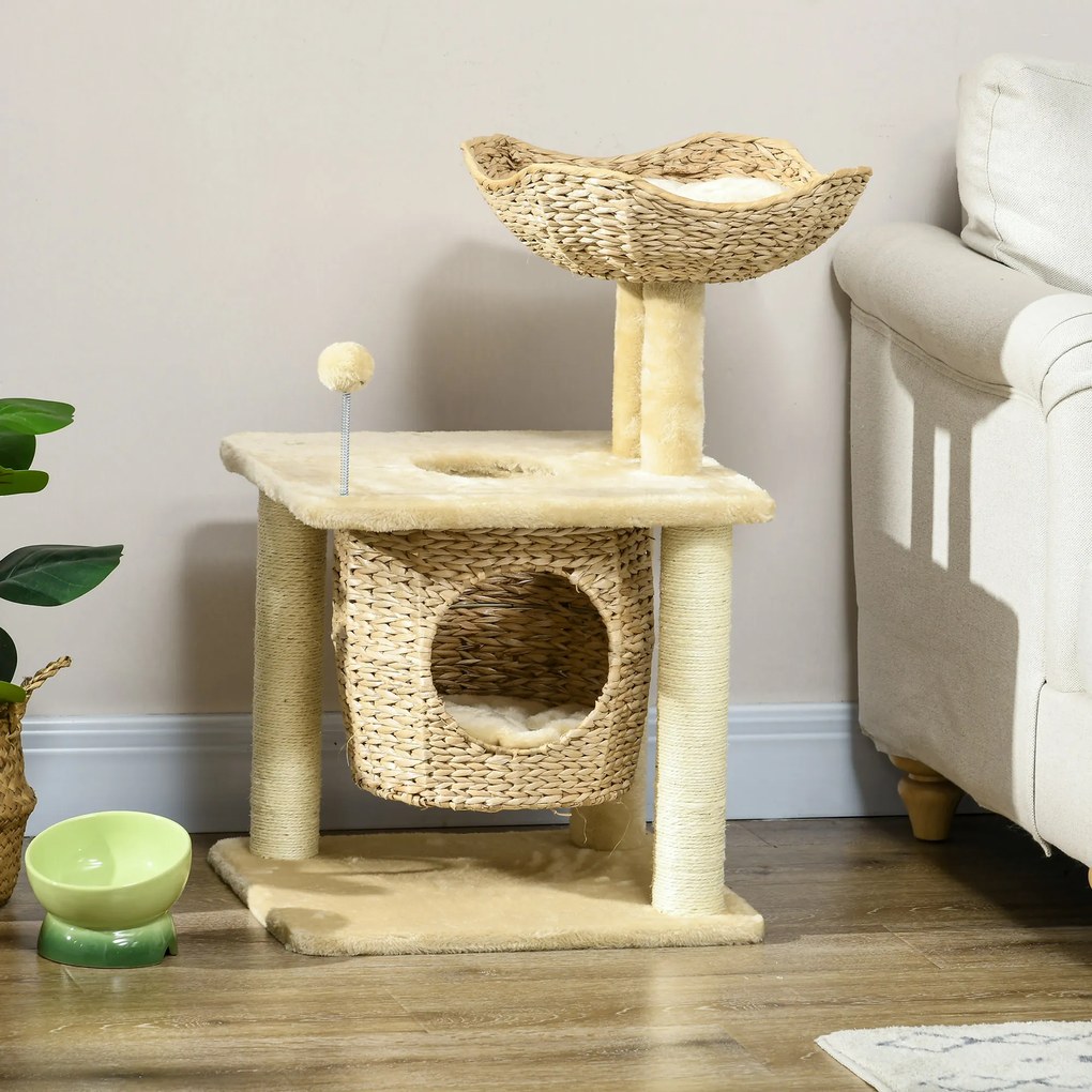 Arranhador para gatos com arranhador de sisal natural, 1 nicho, cesto com pompons e pelúcia 45 x 40 x 74 cm, bege