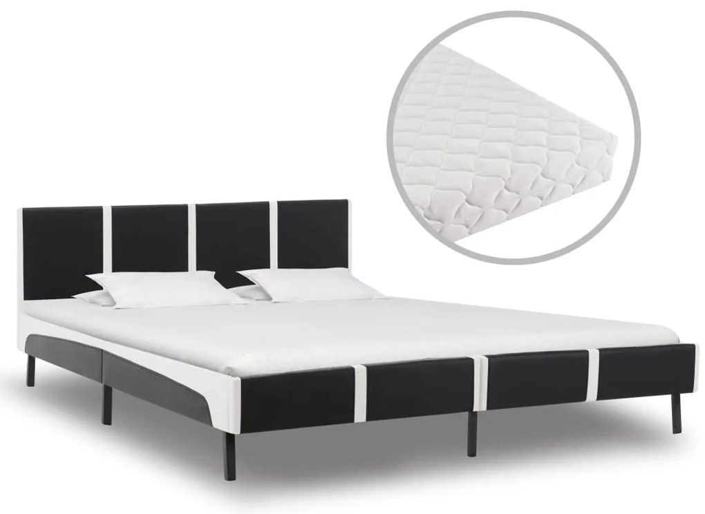 vidaXL Cama com colchão 160x200 cm couro artificial preto e branco