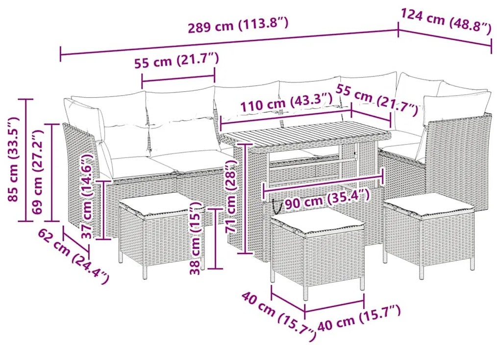 Conjunto de Sofá de Jardim com 10 Peças e Almofadas Pretas em Rattan d