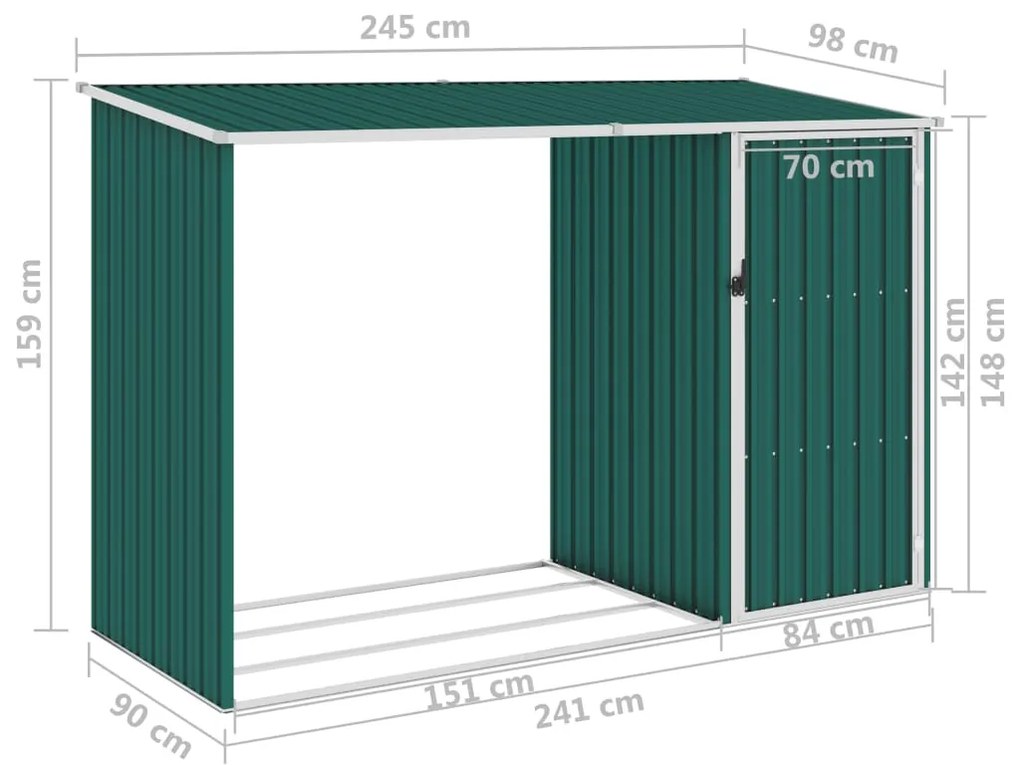 Abrigo de lenha para jardim 245x98x159 cm aço galvanizado verde