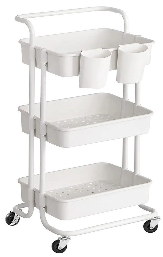 SONGMICS BSC067W01 Carrinho de cozinha com 3 níveis e alça, 2 compartimentos pequenos para pendurar, 2 freios, compartimentos de armazenamento de plástico, fácil montagem, quarto, lavanderia, branco