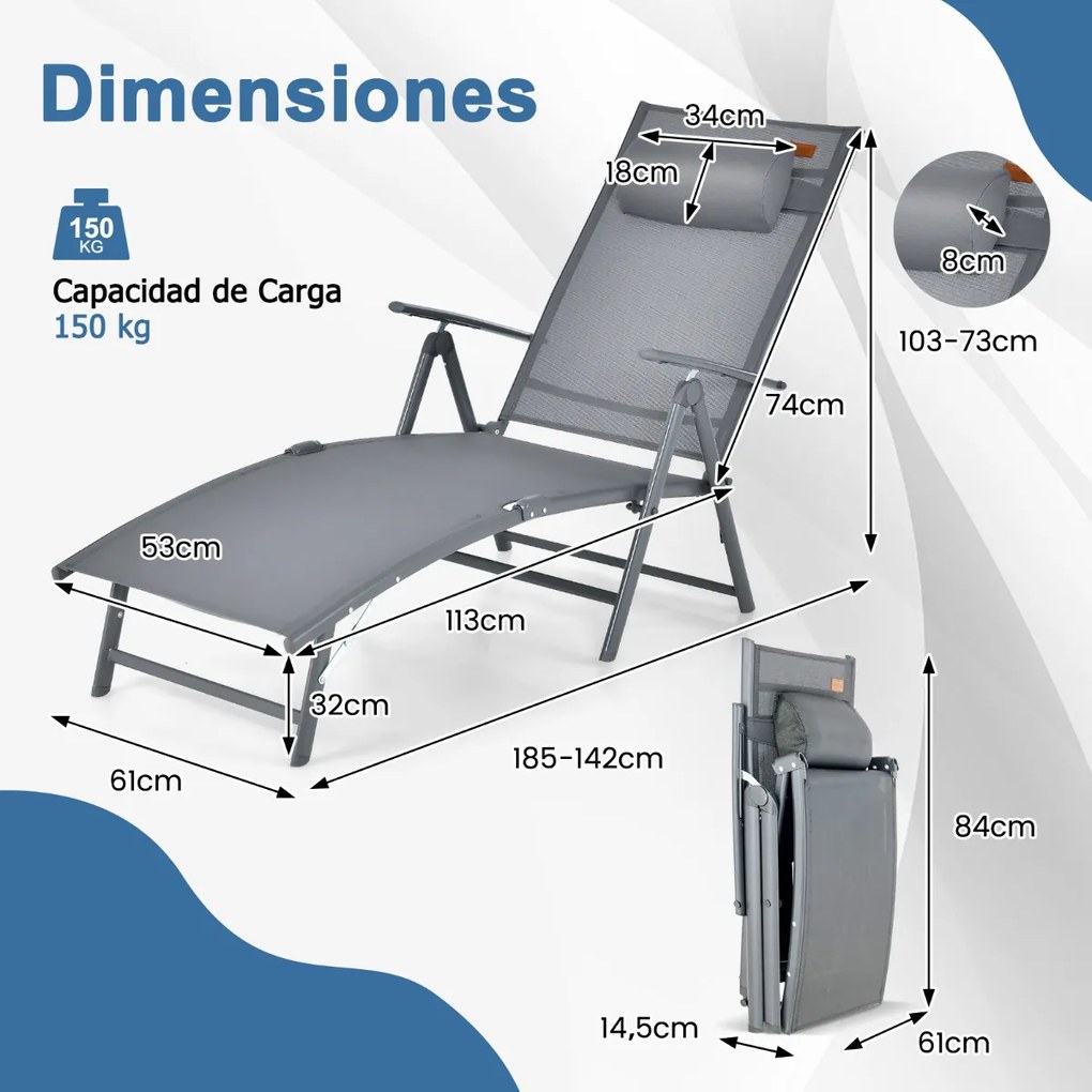 Espreguiçadeira de jardim reclinável Encosto portátil ajustável em 7 posições Carga 150 kg para piscina, Varanda, jardim Cinzenta