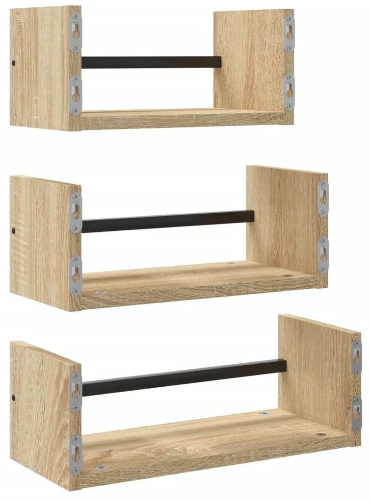 3pcs prateleiras parede c/ barras deriv.madeira carvalho sonoma
