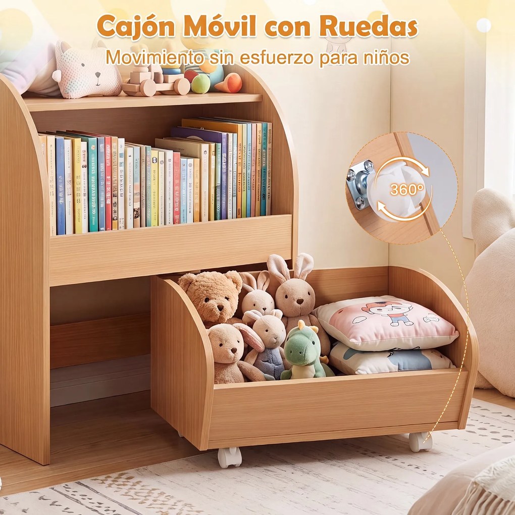 Móvel de Arrumação Infantil, 50 x 29 x 61,5 cm, Gaveta com Rodas, Natural