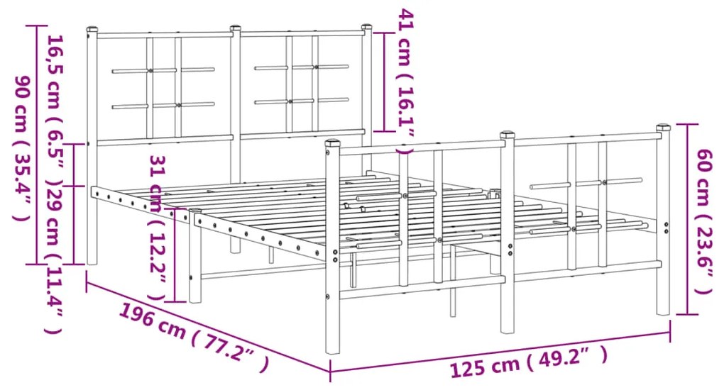 Estrutura de cama com cabeceira e pés 120x190 cm metal branco
