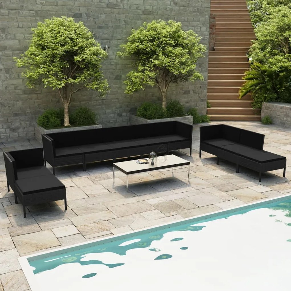 vidaXL 10 pcs conjunto lounge de jardim c/ almofadões vime PE preto