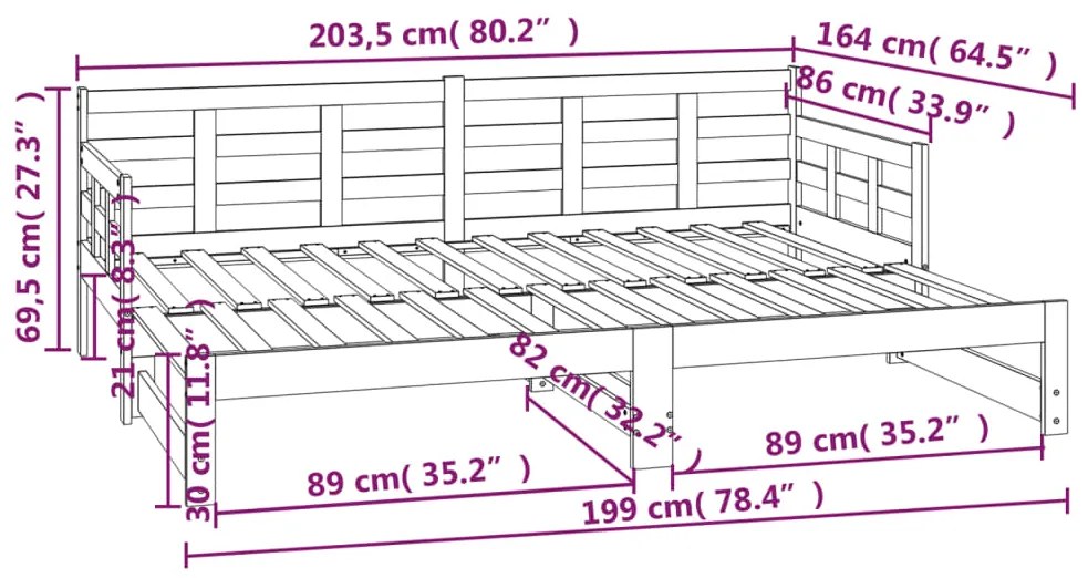Estrutura sofá-cama de puxar 2x(80x200) cm pinho maciço branco