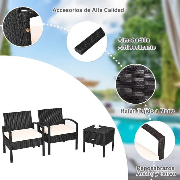 Conjunto de móveis Jardim de 3 peças com almofadas amovíveis Mesa de café Conjunto de cadeiras de vime para jardim e piscina Branco