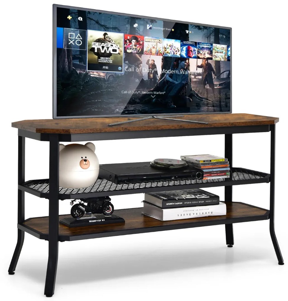 Móvel de TV industrial para TV até 46'' de 3 níveis Prateleira de entrada rústica Mesa 100 x 40 x 55,5 cm Castanho