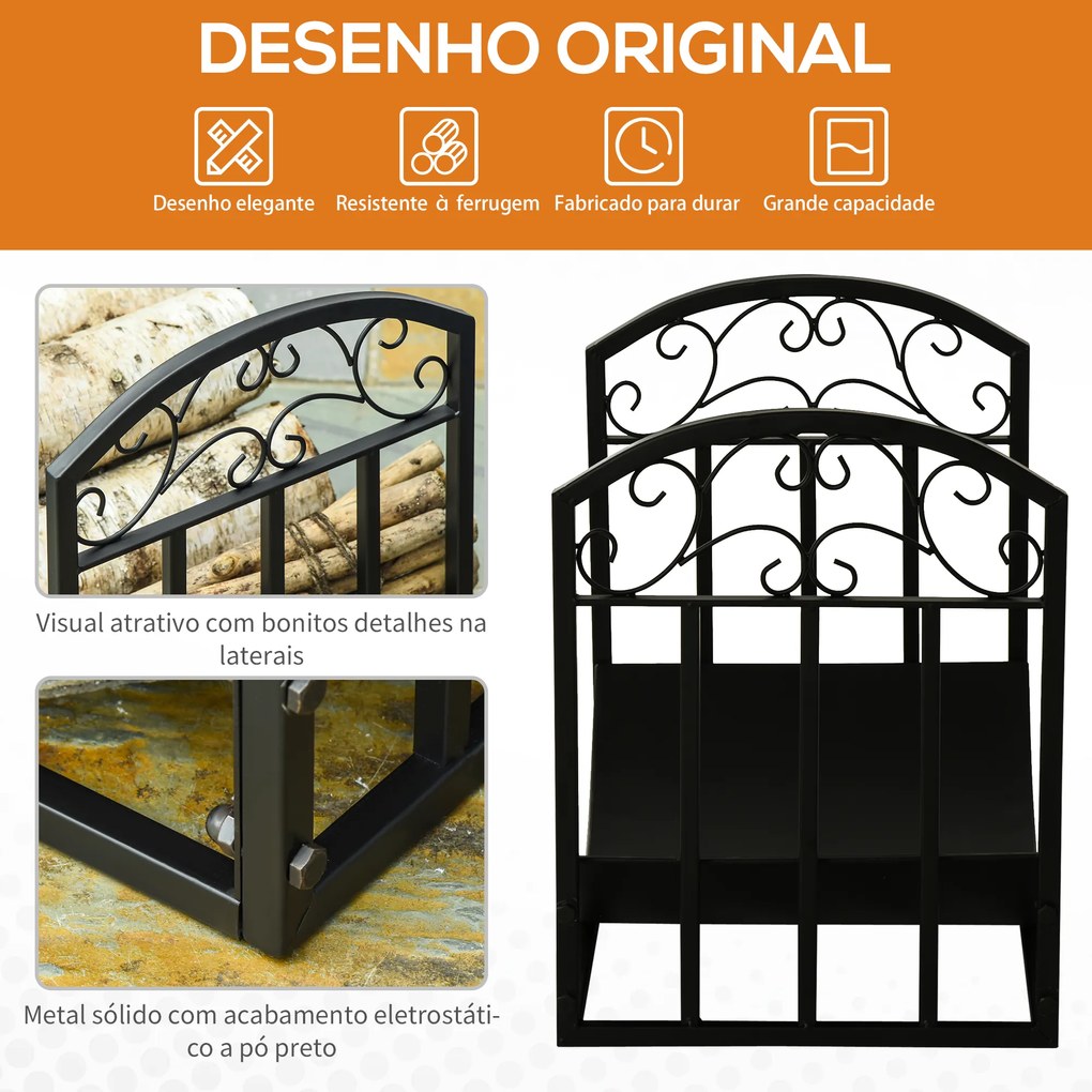 Suporte para Lenha  de Metal com Prateleira Curva Carga 60 kg para Interior e Exterior 60,5x36x46,5 cm Preto