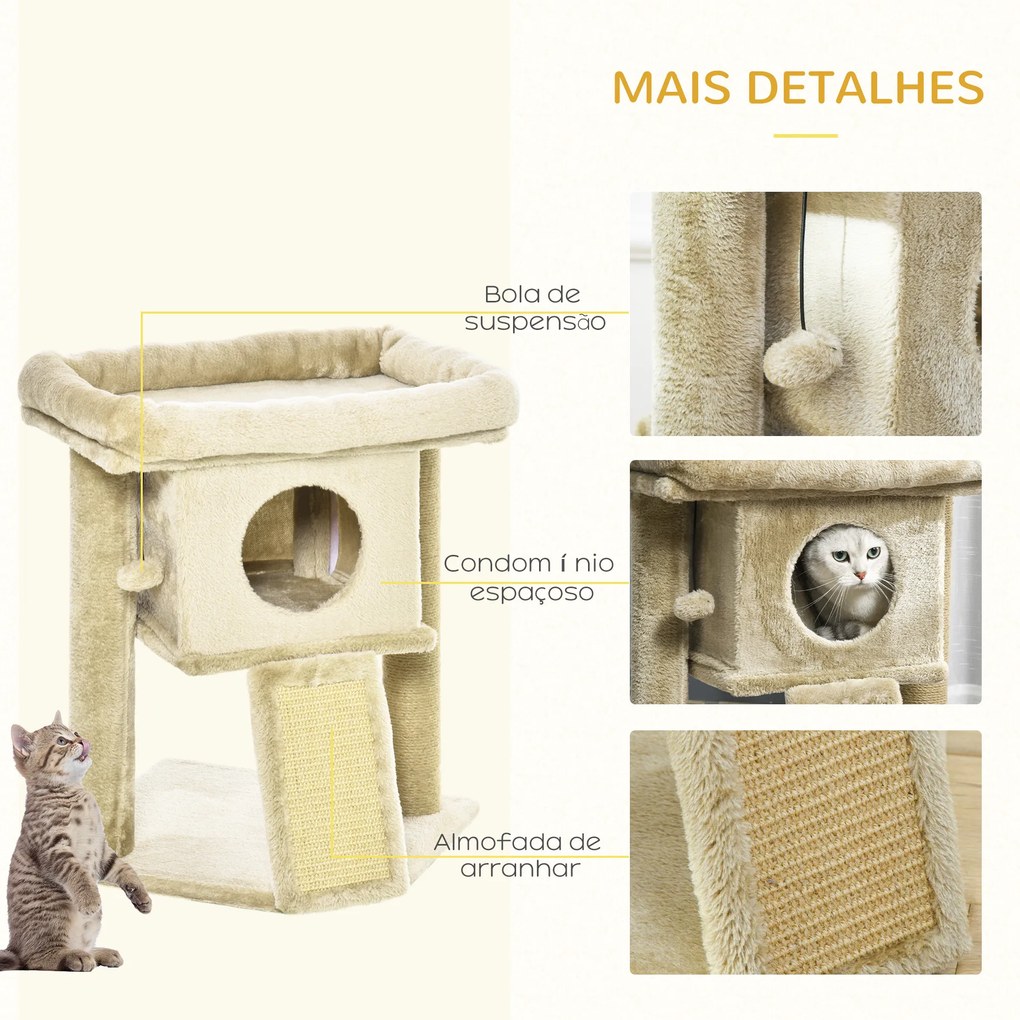 Arranhador para Gatos Pequenos com Poste de Juta Rampa Caverna e Bola Suspensa 40x40x57 cm Areia