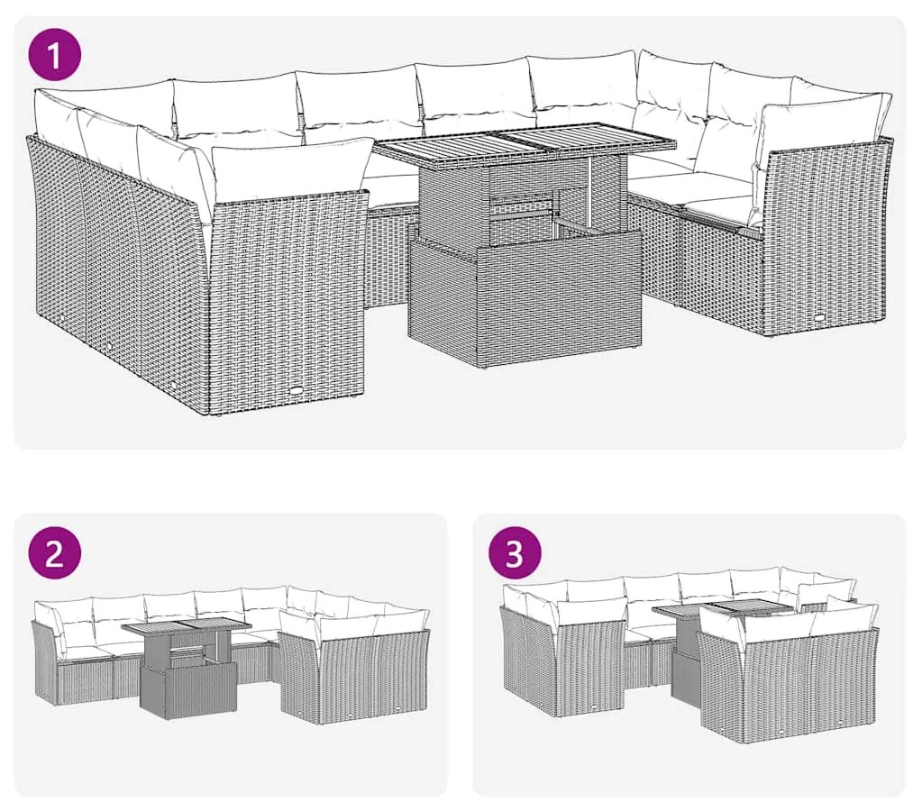 10 pcs conjunto sofás de jardim c/ almofadões vime PE cinzento