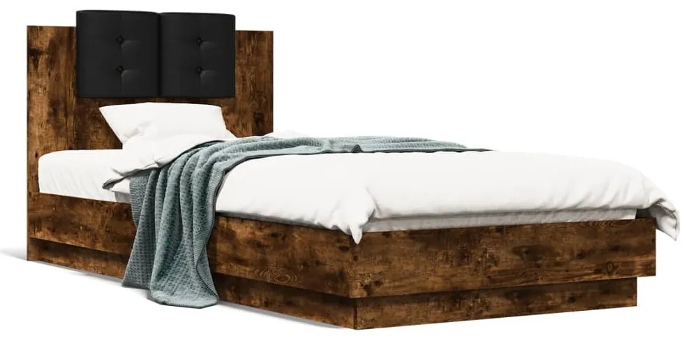 vidaXL Estrutura cama c/ cabeceira/luzes LED 90x200 cm carvalho fumado
