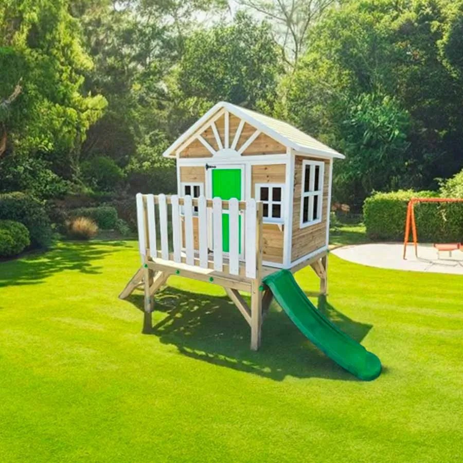 Casa de brincar para crianças com escorrega 200 x 209,5 x 225,5 cm de madeira em painéis VISBY elevada 60 cm Verde