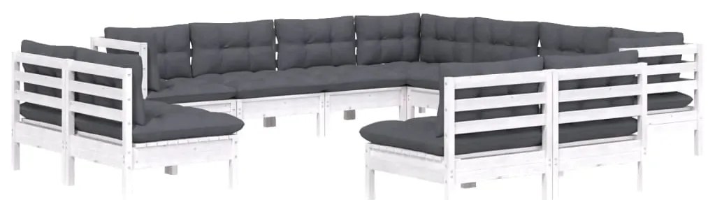11 pcs conj. lounge de jardim c/ almofadões pinho maciço branco