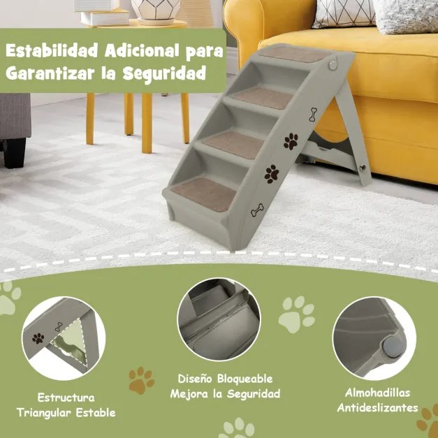 Escada de plástico dobrável para animais de estimação com 4 degraus para interior e exterior com feltro macio 62,5 x 38 x 49 cm Cinzento