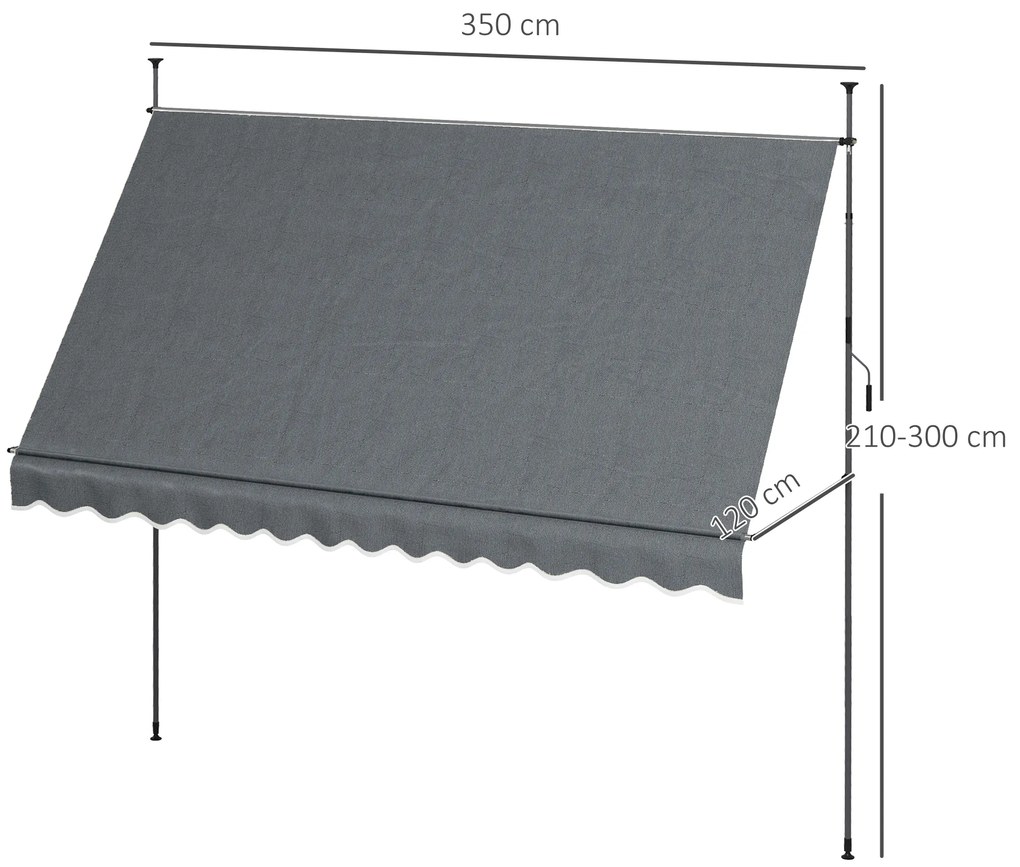 Toldo Manual Retrátil com Manivela 350x120x210-300 cm com Altura Ajustável Impermeável para Jardim Varanda Cinza Escuro