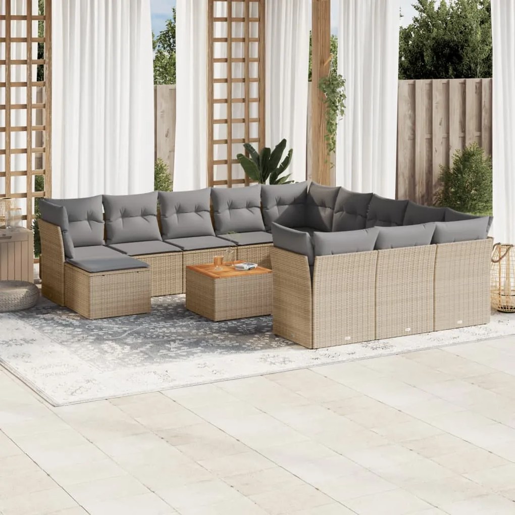 vidaXL 13 pcs conj. sofás jardim c/ almofadões vime PE bege misturado