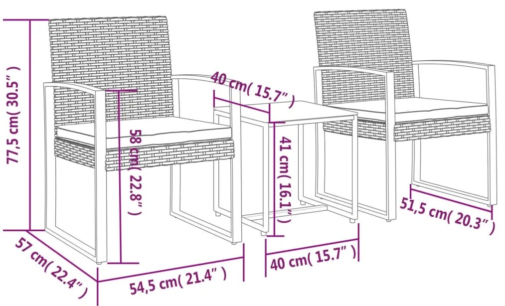 3 pcs conj. jantar p/ jardim c/ almofadões vime PP cinza-escuro