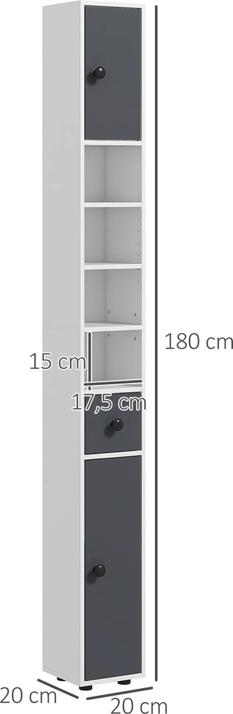 Coluna Casa de Banho Moderna com 1 Gaveta 5 Prateleiras Ajustáveis e 2 Armários 20x20x180 cm Cinza