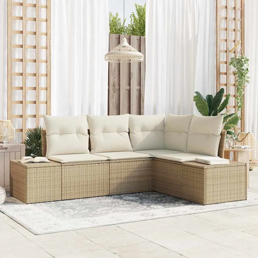 Sofá de Jardim com 4 peças e Almofadas em Rattan Sintético Bege