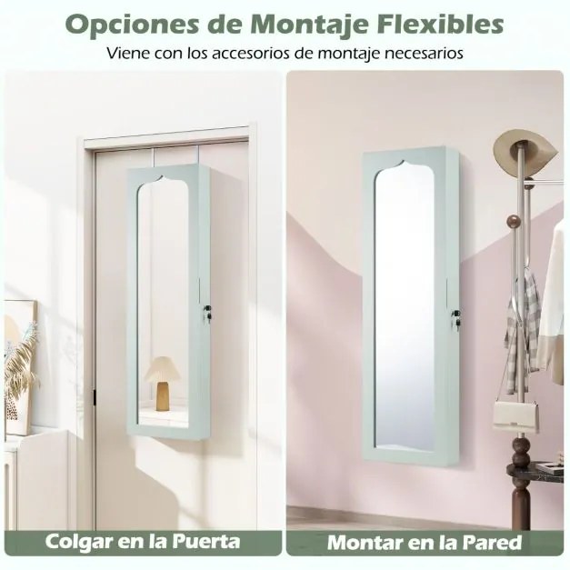 Armário para joias com espelho, iluminação LED 36,5 x 11,5 x 120 cm, fechadura para montar na porta e na parede, Verde