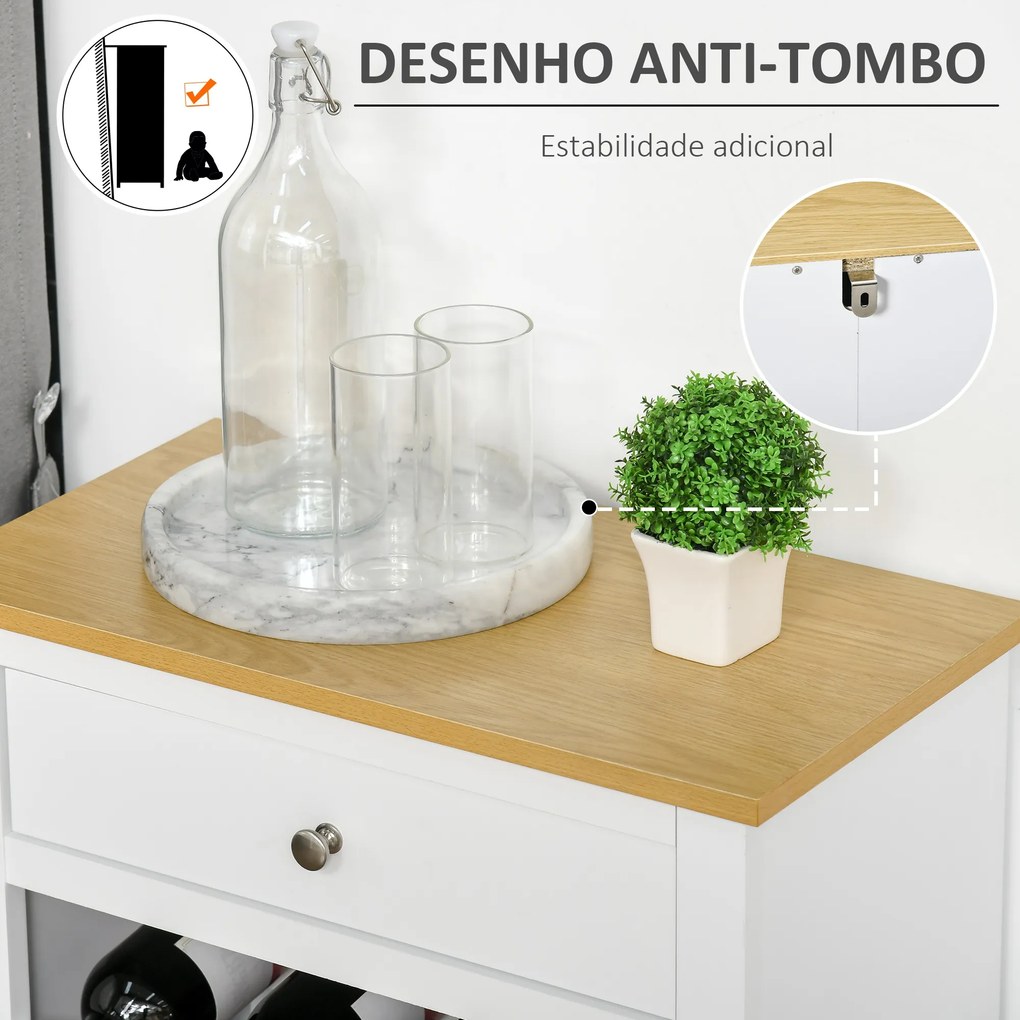 Aparador de Cozinha Moderno com 1 Gaveta e 4 Suportes para 16 Garrafas de Vinho Armário Auxiliar para Sala de Estar Anti-Tombo 55x30x80cm Branco