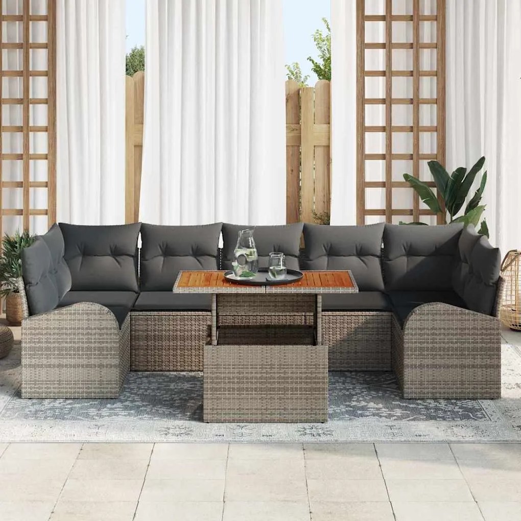Conjunto de Jantar de Jardim de 8 Peças com Almofadas Cinzas em Rattan