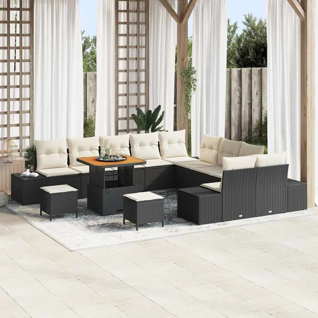 vidaXL Conjunto de Sofá de Jardim com 13 Peças e Almofadas Pretas, Rattan, Poliéster e Acácia