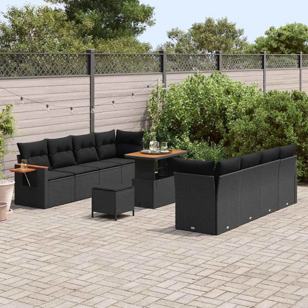 Conjunto de Sofá de Jardim de 11 Peças com Almofadas Pretas em Polyrat