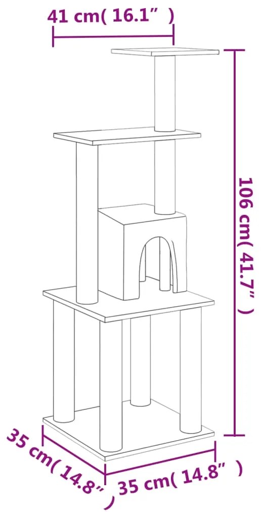 Árvore p/ gatos c/ postes arranhadores sisal 105 cm cinza-claro