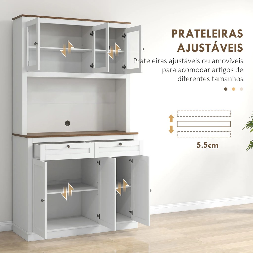 Armário de Cozinha com 3 Portas de Vidro Compartimento Aberto 2 Gavetas e Prateleiras Ajustáveis 100x40x180 cm Branco