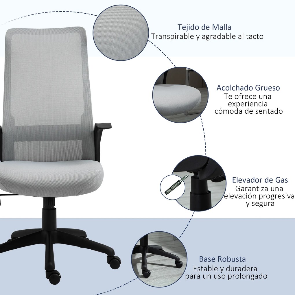 Vinsetto Cadeira de Escritório Ergonômica Cadeira de Escritório Giratória com Altura Ajustável Apoio para os Braços e Suporte Lombar Alto Transpirável 62x62x113-122cm Cinza